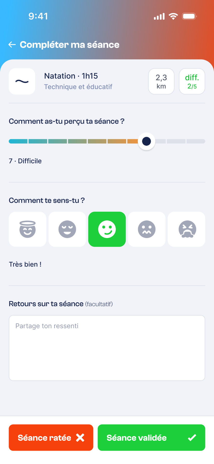 Coach Kona - Validation de séance et ressenti